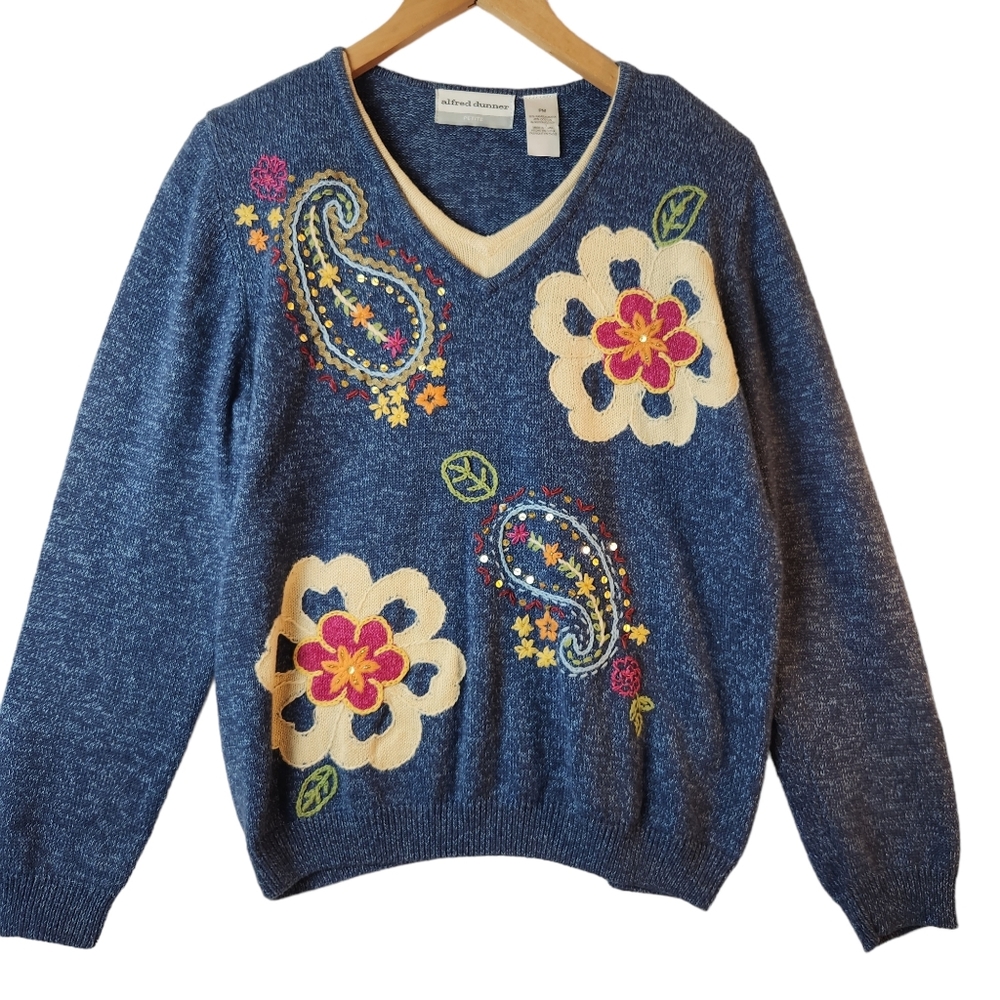 Alfred Dunner Womens Paisley Floral Ramie Cotton V Neck Sweater Size Medium